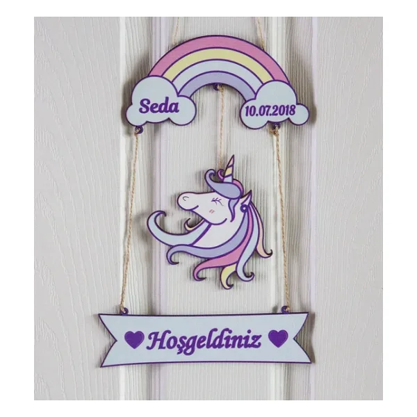 İsme Özel Unicorn Kız Bebek Ahşap Kapı Süsü