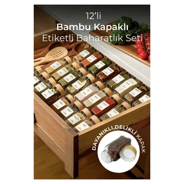 Kitchen Life 12'li Bambu Kapaklı Kare Cam Baharatlık Takımı / 40 Adet Etiket Hediyeli / 12 li Baharatlık Seti