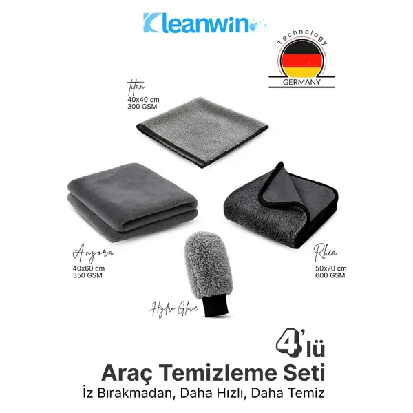 Kleanwin 4'lü Mikrofiber Oto Yıkama ve Kurulama Seti - Araç İç ve Dış Temizlik Bezleri ve Oto Yıkama Eldiveni