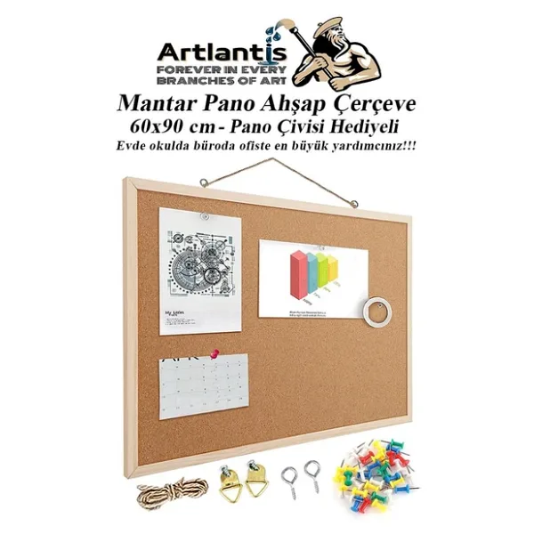 Mantar Pano Ahşap Çerçeve 60x90 cm 1 Adet Harita Çivisi Hediyeli Duvara Monte Mantar Çerçeve Evde Okulda Büroda Ofiste