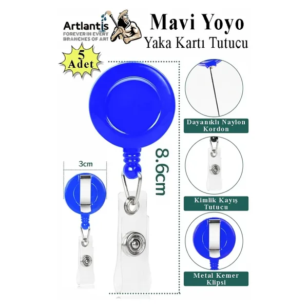 Mavi Yaka Yoyosu 5 Adet Yoyo Kartlık Kimlik Personel Kartı Yoyo Yaka Cep Kemer Geri Çekilebilir Rozet Tutma Makara