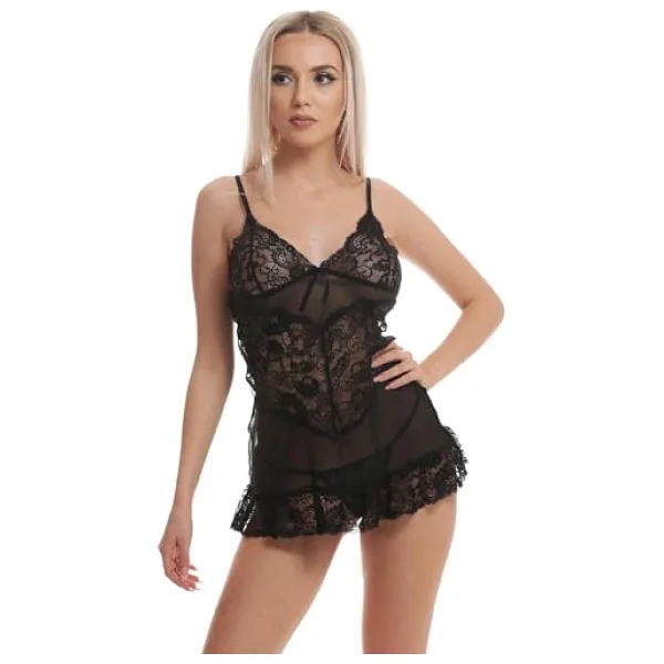 Mimmi Love Dantelli Seksi Gecelik, V Yaka, Halter Bağlamalı, Dantel Detaylı, Siyah ve Kırmızı (Siyah, S)