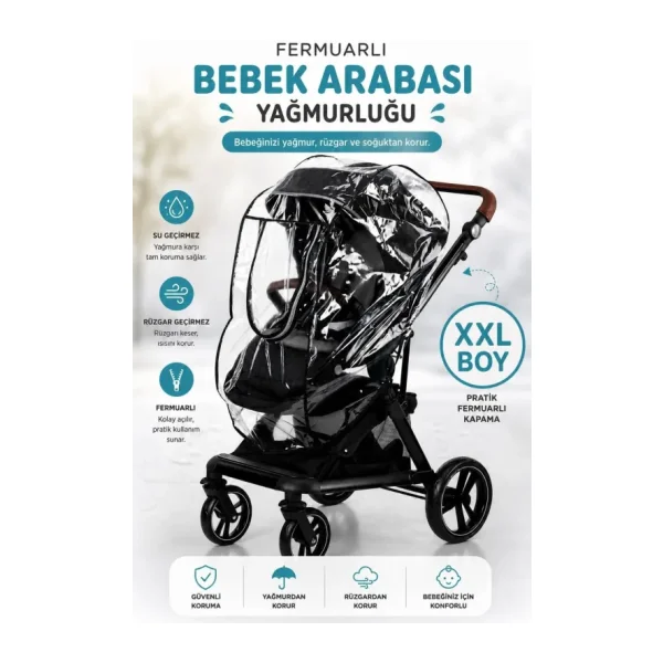 MorBebe Fermuarlı Ultra Lüks Bebek Arabası Yağmurluğu (BÜTÜN BEBEK ARABALARINA UYUMLUDUR) Siyah