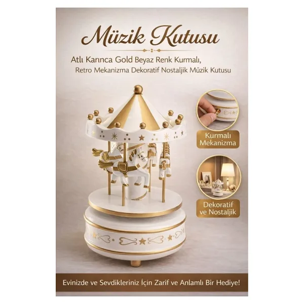 #MüzikKutusu Atlı Karınca Gold Beyaz Nostaljik Hediye Dekoratif Kurmalı Retro Mekanizma Müzik Kutusu