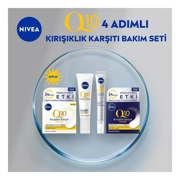 Nıvea Q10 Nemlendirici Gündüz Bakım Kremi 50Ml, Spf30 Yüksek Güneş Koruması, Nemlendirici Gece Kremi 50Ml, Göz Bakım Kremi 15Ml Ve Cilt Serumu 15Ml, Cilt Bakım Seti