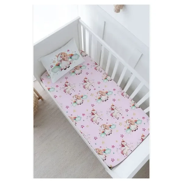 Tuğba Kuğu Bebek Boy Lastikli Çarşaf Seti - For Baby Serisi - Gökkuşaklı Unicorn