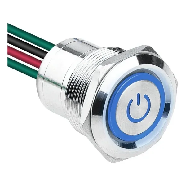 WD22D1-P2-EC 22mm Düz Yaylı Işıklı Power Kablolu Metal Buton - Mavi
