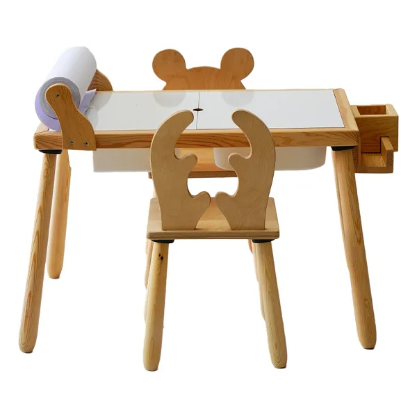 Wood & Joy Doğal Ahşap Duyusal Çocuk Aktivite Masası Oyun Masası ve Çocuk Çocuk Masa Sandalye 2 Sandalye Seti(Rulo Aparatlı ve Kırtasiye İstasyonlu) - Sarı