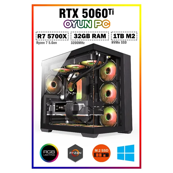 Zeiron Mirage X60 Ryzen 7 5700X 32GB RAM 1TB M.2 SSD RTX5060Ti Sıvı Soğutmalı Oyuncu Masaüstü Bilgisayar