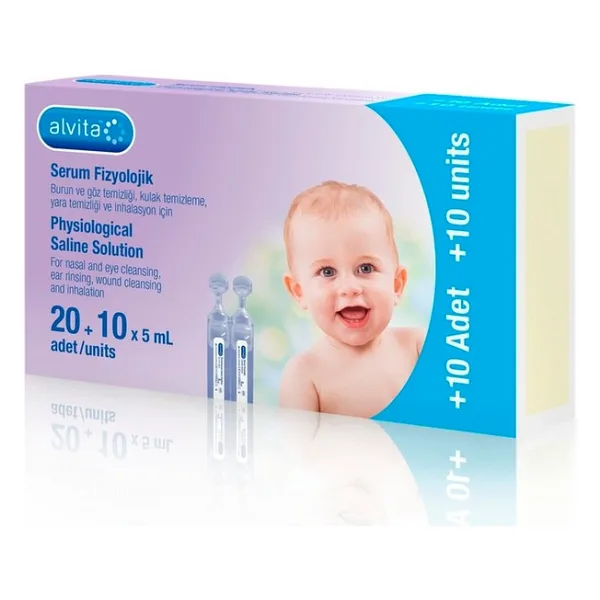 ALVİTA Serum Fizyolojik 30 Flakon 5 ml Beyaz Renkli Bebekler İçin Hijyenik Temizlik