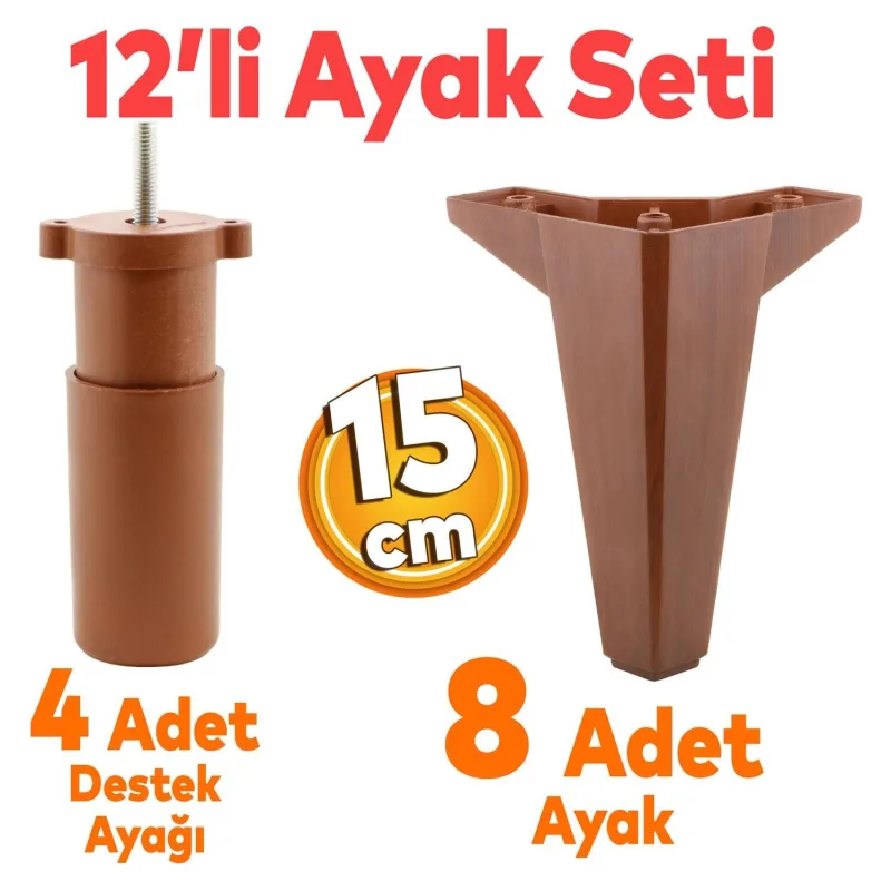 Badem10 Sedir 12'li Set Mobilya TV Ünitesi Çekyat Koltuk Kanepe Destek Ayağı 15 cm Kahverengi Baza Ayak