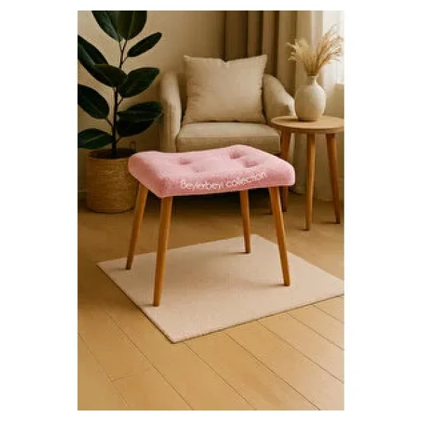 BEYLERBEYİ Makyaj masası pufu, pembe peluş kumaş, ayak uzatmalık puf, dekoratif puf