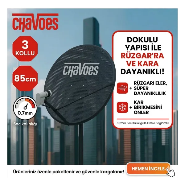Chavoes Çanak Anten 85CM 3 Kollu Delikli Rüzgara Dayanıklı + Tekli Lnb ve Montaj Seti (Premium Paket)