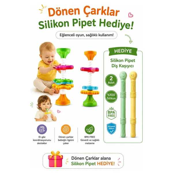 CKM Silikon Eğitici Zeka Oyuncağı Dönen Çarklar Mama Sandalyesi/oyuncak + Pipet Hediye - Sarı - Mor - Turuncu - Yeşil - 10 x 25 x 10 cm