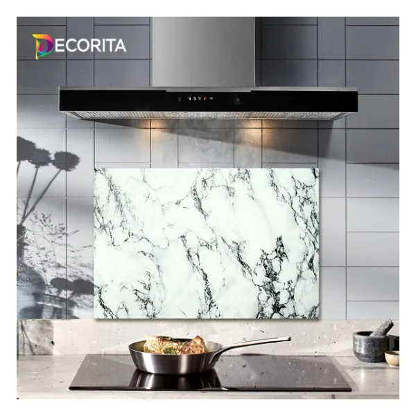 Decorıta Cam Ocak Arkasi Koruyucu Beyaz Mermer Gorunumlu
