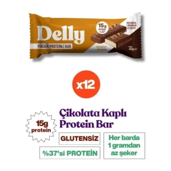 Delly Karamel Aromalı Çikolata Kaplı Yüksek Protein Bar 40 gr 12'li
