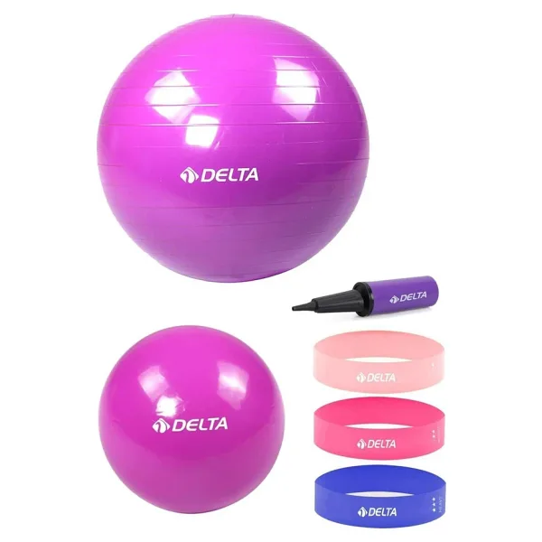 Delta 55 cm-20 cm Pilates Topu 3'lü Squat Bandı Egzersiz Direnç Lastiği Pilates Topu Pompası Seti