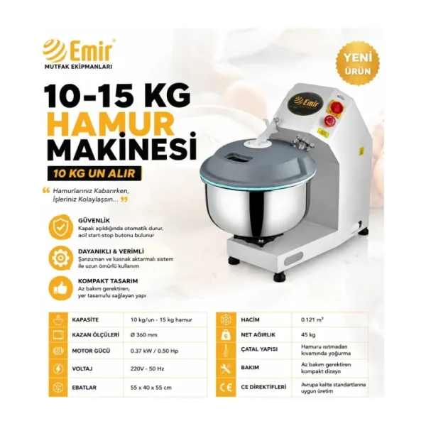 Emir 15-25 kg Hamur Yoğurma Makinesi Kapaklı Yeni Model