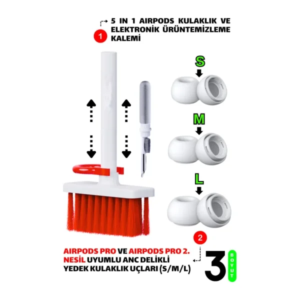 Ewec Pro ve Pro 2.nesil Uyumlu Anc Delikli Silikon Kulaklık Uçlar (S,m,l) ve 5 In 1 Temizleme Kalemi Seti