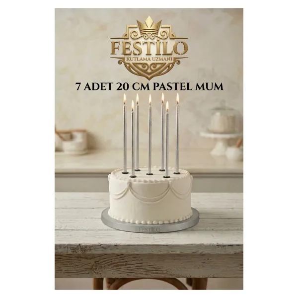 FESTİLO 7'Li Uzun Mum 20 Cm Pasta Mumu Gümüş Metalik Renk Parti Malzemeleri Doğum Günü Süsleri