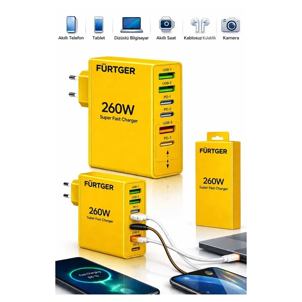 Fürtger German 260W 3 Type-C + 3 Usb-A Toplam 6 Çıkışlı Süper Hızlı Şarj Aleti