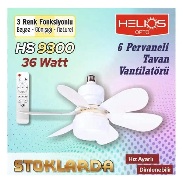 Helios E27 Duy Uyumlu 30W Led Aydınlatmalı 5 Pervaneli Tavan Vantilatörü - Pratik ve Şık Serinletici - Beyaz