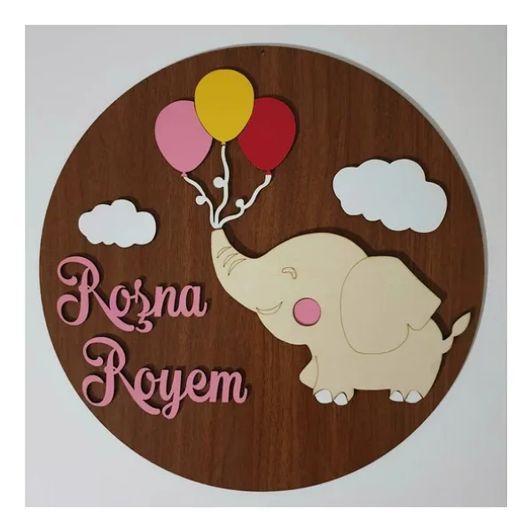 İsme Özel Fil ve Balon Temalı Çocuk Odası Kapı Süsü