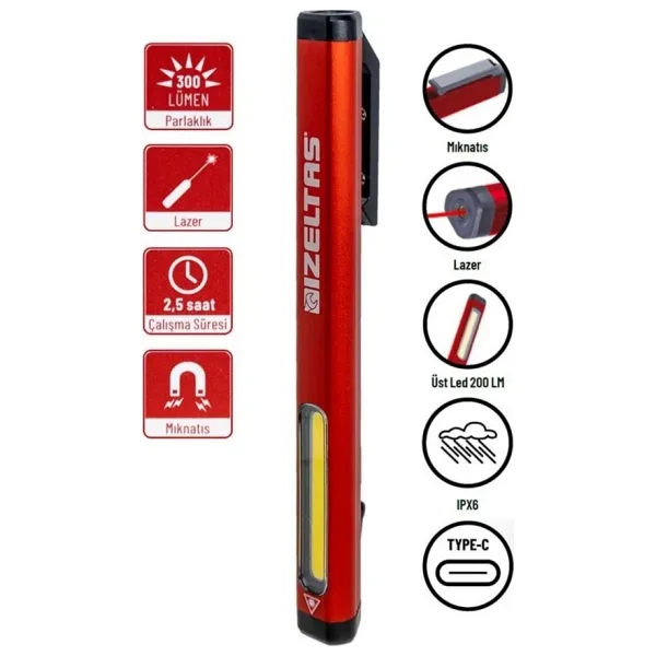 İzeltaş İzeltaş COB LED Şarjlı Lazer Pointer Kalem Tipi Fener 300 lm