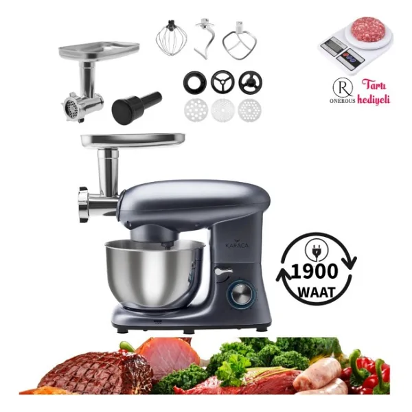 Karaca Premium Multichef Stand Mikser 1900W 5,5 Lt Paslanmaz Çelik Kase ile Kıyma ve Hamur Yoğurma - Antrasit