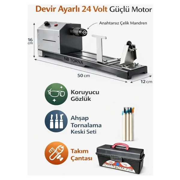 LEFS&ÖZTÜRK 24 VOLT Devir Ayarlı Çelik Mandrenli Hobi Torna Makinesi