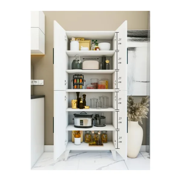 Montenero Kiler Dolabı 4 Kapaklı 6 Raflı Sığ Derinlik Mutfak Banyo Parlak Beyaz 70x170 Cm