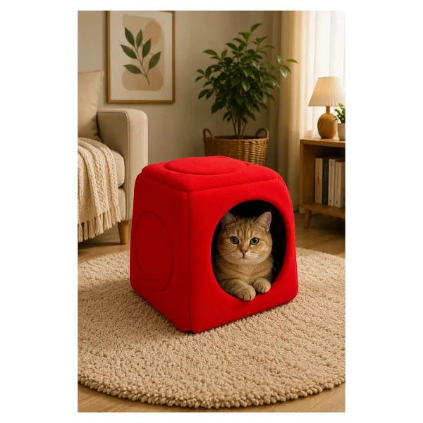 Nerotex Üç Fonksiyonlu Yıkanabilir 40x40 cm Kırmızı Kedi Yatağı