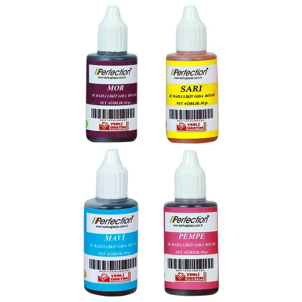 Perfection CHEF 4'lü Sıvı Su Bazlı Likit Gıda Boyası Sarı Mor Mavi Pembe 4 X 30 gr .