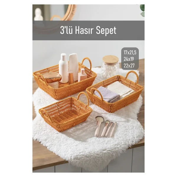 Porsima 301a 3lü Düzenleyici Dikdörtgen Hasır Sepet Seti Ekmeklik