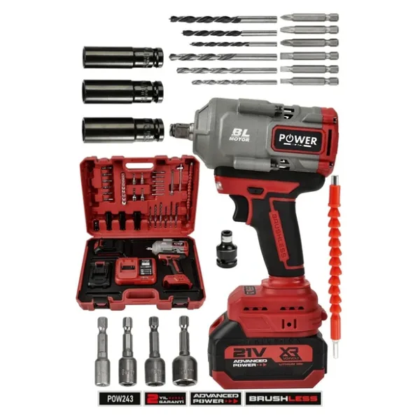 Power Black 21V Çift Akülü Şarjlı Pro Bijon Sökme 1100 Nm Torklu Somun Sıkma Sökme Kırmızı