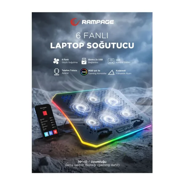 Rampage AD-RC34 METAFOR 6 Fanlı RGB Laptop Soğutucu