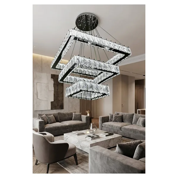 RSCOLLECTIONS Kare 3 Kat Kristal Taşlı Modern LED Avize - Salon & Oturma Odası - 3 Renk - Ayarlanabilir Kablo