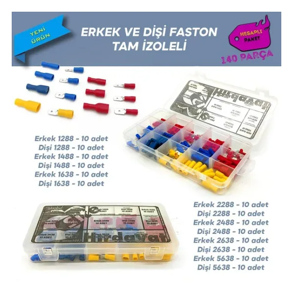 Tam İzoleli Faston Terminal Seti, Hesaplı Paket 140 Parça