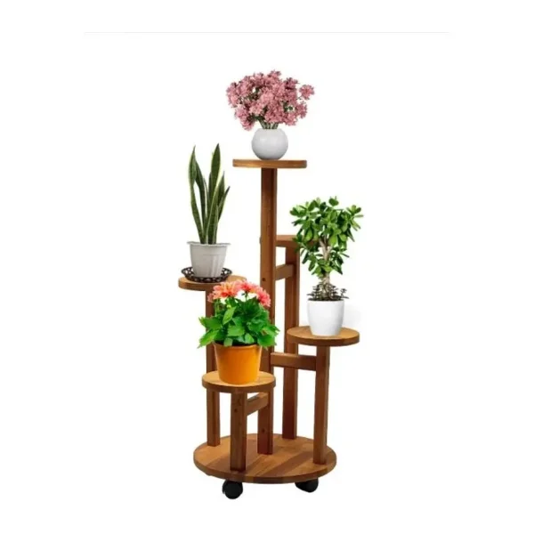 Tekerlekli Çiçeklik 5 Raflı Saksılık Dekoratif 5 Raflı Çiçeklik Doğal Ahşap Saksılık Çiçek Rafı Daire Model