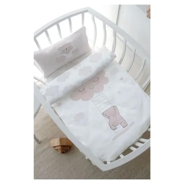 Tuğba Kuğu Anne Yanı Beşik Nevresim Takımı (60x100) - Pure Baby Serisi - Buluta Tırmanan Ayıcık