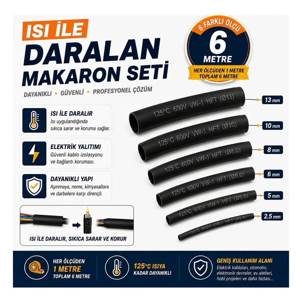Atx Isıyla Daralan Makaron Kablo Seti - 6 Çeşit Her Biri 1 metre