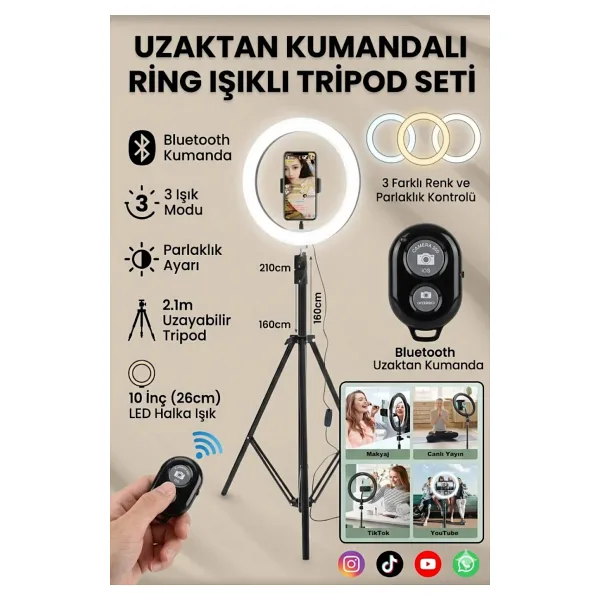 BSTBRANDSHOPPİNGTR 10"inç Ring Light Youtuber Tiktok Çekim Işıklı Telefon Tutucu Influencer Makyaj Işığı 2.10 m Tripod