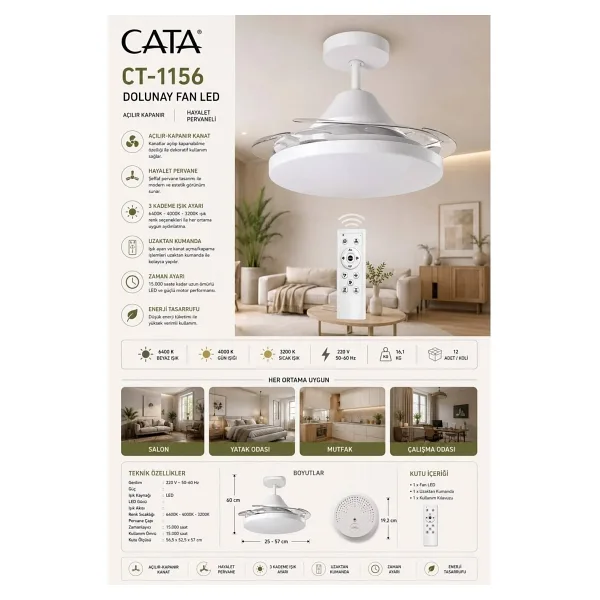 Cata CT-1156 3 RENK YANMALI DOLUNAY FAN LED IŞIKLI HAYALET PERVANELİ TAVAN VANTİLATÖRÜ