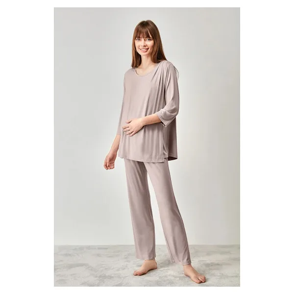 Catherine's Yumuşak Dokulu Hamile Pijama Takımı - Vizon