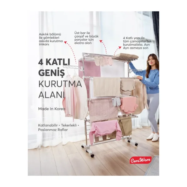 Ceraware Home S4 Premium 4 Katlı Çamaşırlık Made in Korea Tam Katlanır Tekerlekli Çamaşır Kurutmalık