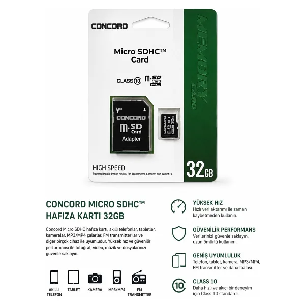 Concord 32GB Micro SDHC Class 10 Hafıza Kartı + SD Adaptör C-M32
