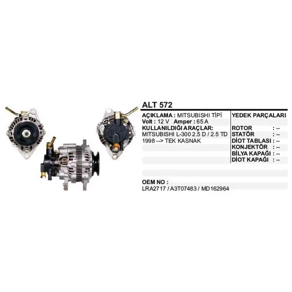 Dodo Alternatör 12V 65A Mıtsubıshı L300 98-2.5 D-Td Vakumlu -Tek Kasnak Mıtsubıshı Tip (1 Ad )