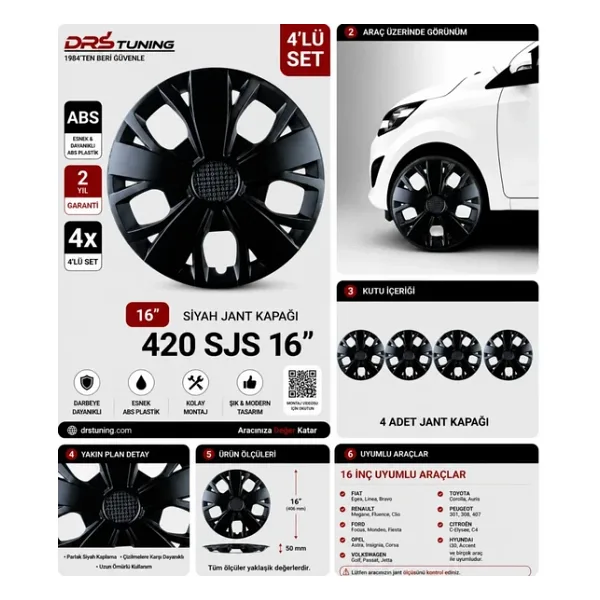 Drs Tuning Seat Uyumlu 16 Inc Kırılmaz Parlak Siyah Jant Kapağı 1 Takım 4 Adet NO:420