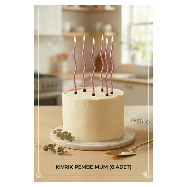 FESTİLO 6 Lı Kıvrımlı Mum Pembe Pasta Süsü Spiral Mum Pasta Mumları 16 Cm