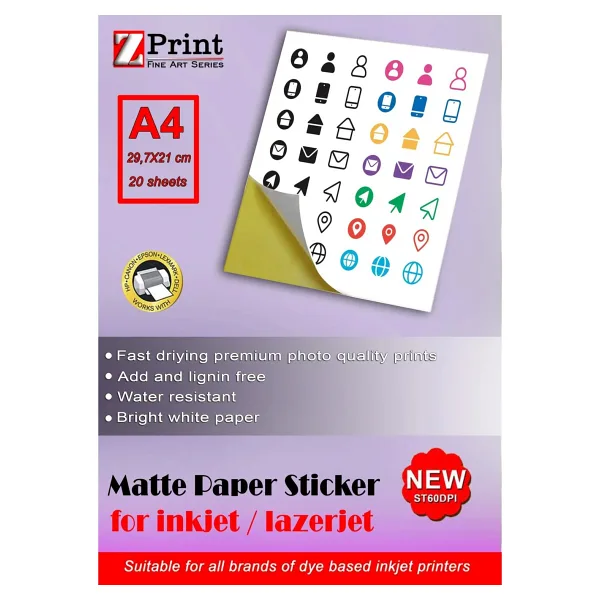 Inkjet ve Lazer Tüm Yazıcılarla Uyumlu Mat Yapışkanlı Sticker Etiket Kağıt A4 20 Yaprak